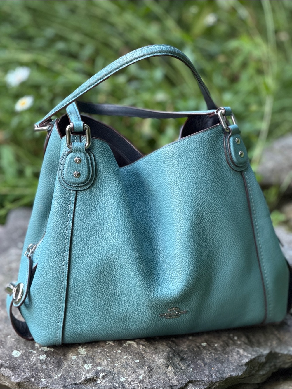 Coach Edie Pebbled Leather Turquoise Shoulder Bag Navy Interior 13”